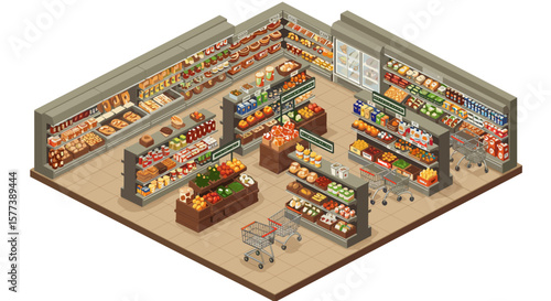 Isometric supermarket interior with shelves, groceries, and shopping carts