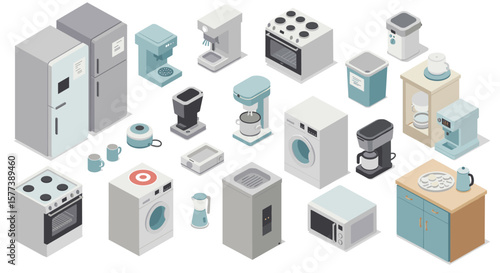 Isometric home appliances collection: refrigerators, washers, ovens, and more