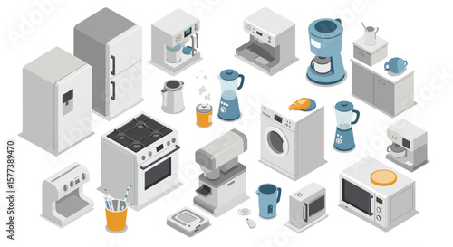 Isometric kitchen and laundry appliances layout for modern home design