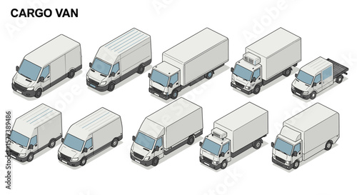 Variety of isometric cargo vans and trucks in different styles