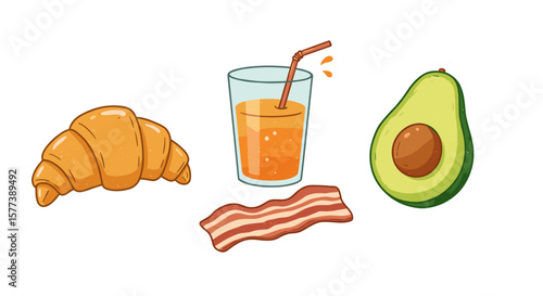 Vector breakfast set with croissant, bacon, avocado and juice
