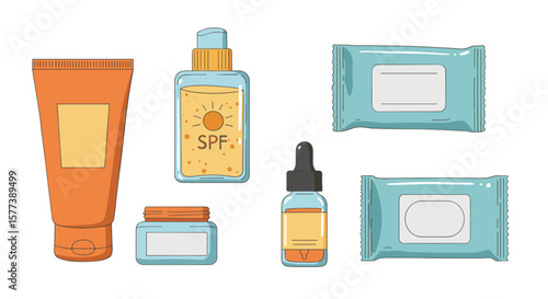 Collection of skincare products with sunscreen and moisturizing wipes