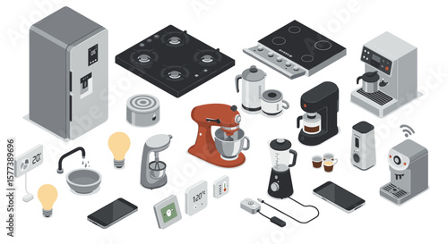 Modern kitchen appliances isometric set featuring smart devices and gadgets