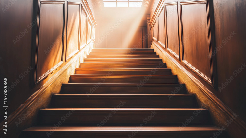 Fototapeta premium A sleek, modern staircase ascending into a ceiling cut by a large skylight