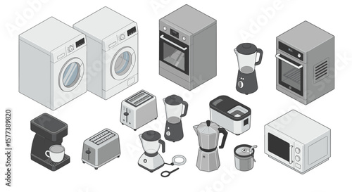 Isometric kitchen and laundry appliances collection: washers, ovens, blenders, coffee makers, microwaves