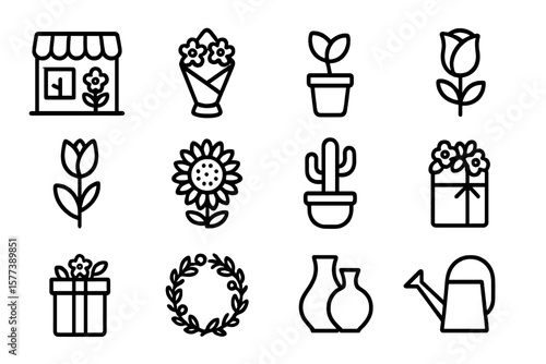 Floral line art icons: flowers, plants, and gifts for shops and gardens