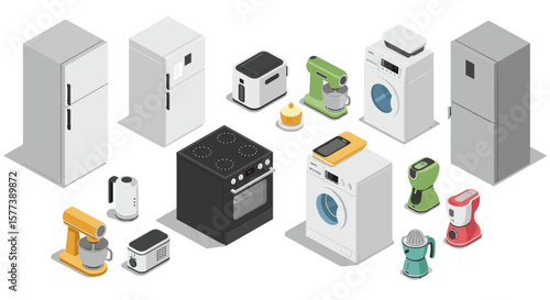 Modern isometric kitchen appliances collection: oven, mixer, juicer, and more