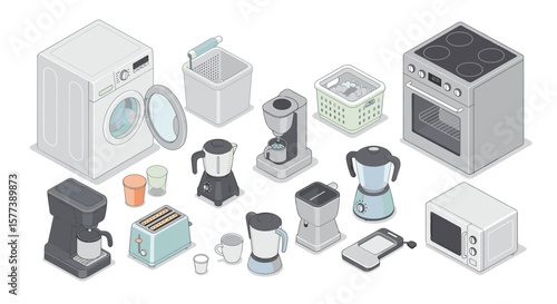Isometric home appliances collection with modern kitchen essentials