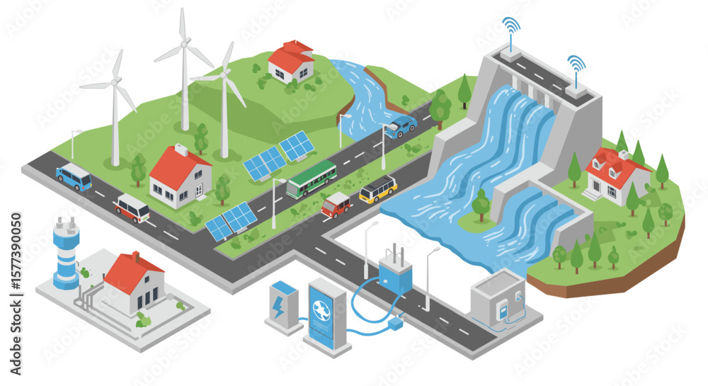Obraz premium Renewable energy landscape with wind, solar, and hydroelectric power sources