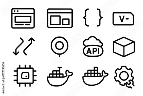 Minimalist technology icon set with docker and api symbols