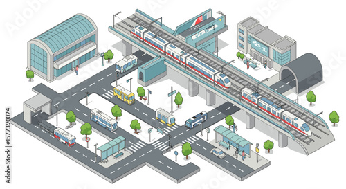 Modern city transport hub with isometric railway and buses