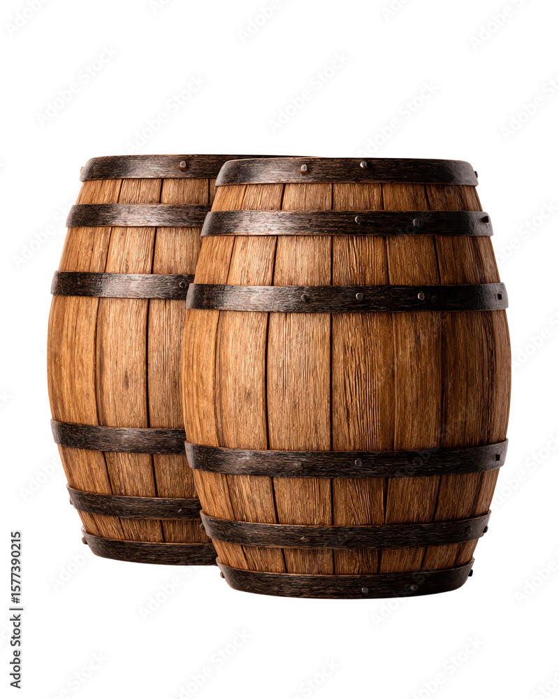 Obraz premium Isolated transparent png A pair of wooden barrels Two wooden barrels with metal bands, showcasing a rustic and vintage appearance.