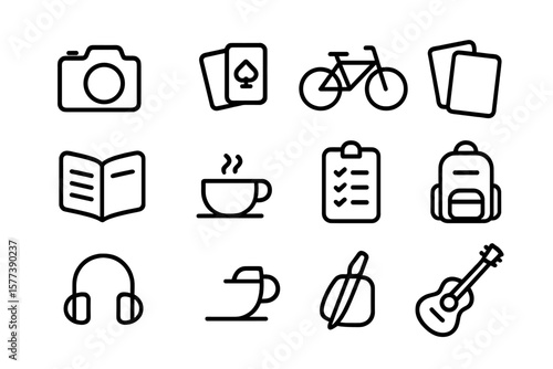Simple black linear icons for everyday life on dark background