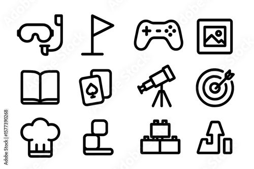 Minimalist icon set featuring entertainment, education, and leisure symbols