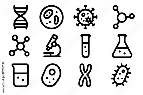 Science icons collection: laboratory equipment and microorganisms in linear style