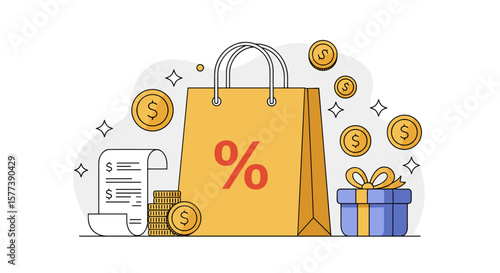 Flat style shopping discount concept with gift and coins