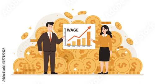 Business growth and salary increase analysis with characters standing by rising wage chart