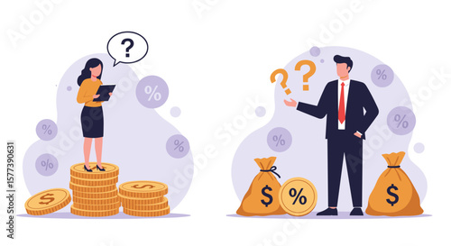 Business people contemplating financial decisions with currency symbols