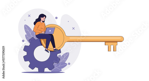 Woman typing on laptop sitting on giant key and gear in modern flat design