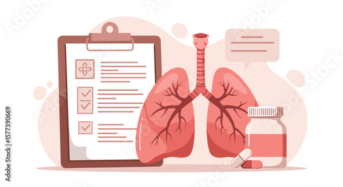 Healthcare concept: detailed lungs illustration with medical report and medicine in background