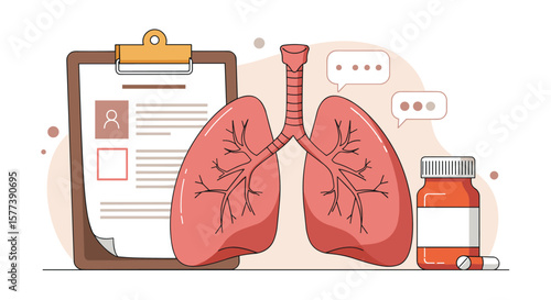Human lungs with medical clipboard and prescription bottle in modern flat design