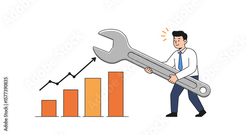 Concept of business growth and progress with giant wrench and chart