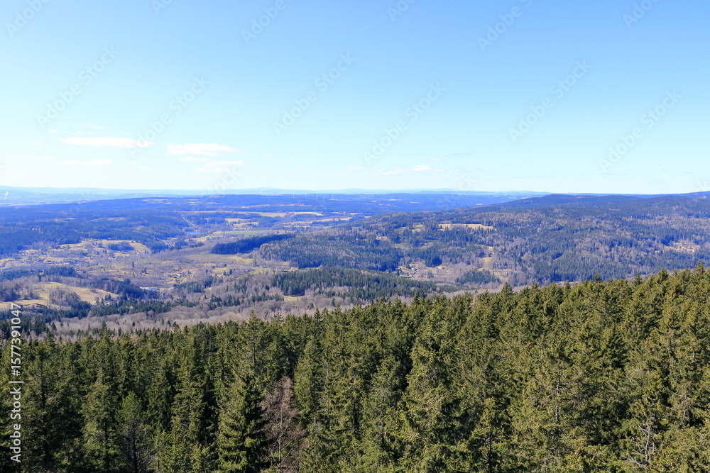 Naklejka premium view from the lookout tower Rozhledna Pajndl, Tisovsky vrch, Nejdek in Bohemia near Karlovy Vary, Karlsbad, Carlsbad, Czech Republic