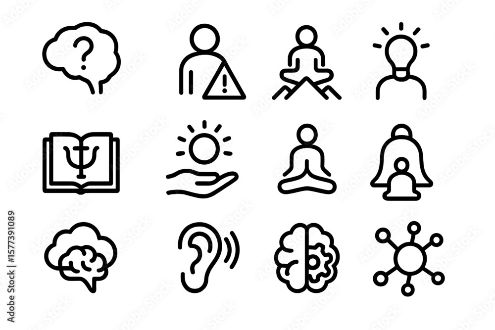 Obraz premium Minimalist dark icons: mindfulness, meditation, and knowledge symbols