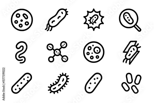 Linear microorganism icon set featuring various bacteria and virus designs