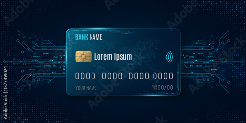 Futuristic cyber credit or debit card with glowing blue circuit board, world map and electronic elements on dark background. Hi-tech banking and digital finance concept. Vector illustration.