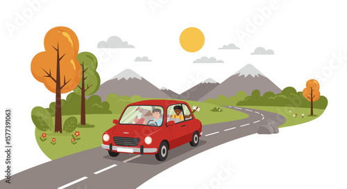 Family road trip in autumn landscape with mountains and trees