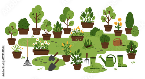 Colorful garden tools and potted plants arrangement on grass background