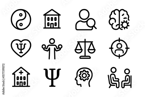Mental health symbol set: line icons for therapy and wellbeing