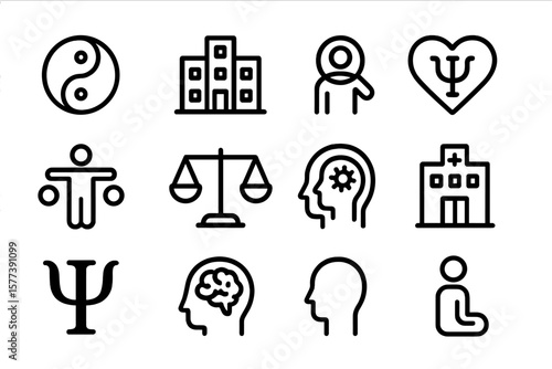 Psychology and mental health icons with yin yang and justice symbols