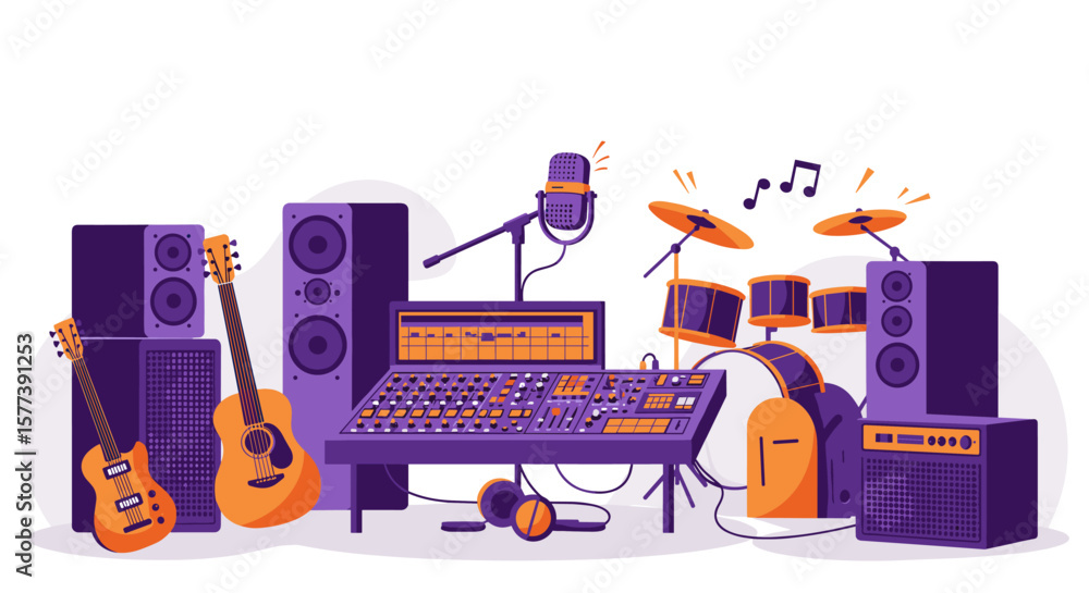 Obraz premium Music studio equipment in flat design with instruments and audio gear