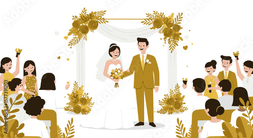 Golden wedding ceremony with happy bride, groom, and guests in elegant flat style