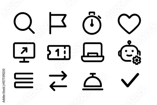 Minimalist black outline icons set featuring tech and office symbols