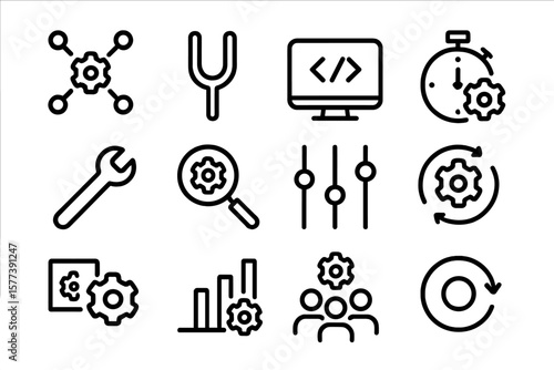 Gear and technology icons: black linear set for digital interfaces