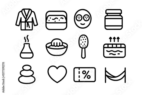 Minimalist spa icons: bathrobe, lotion, face mask, relaxation symbols in monochrome style