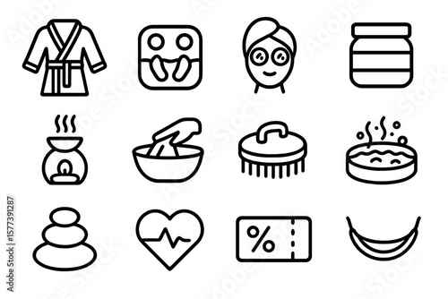 Minimalist spa and relaxation icons on dark background for wellness themes