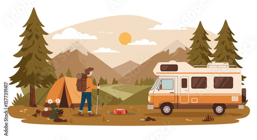 Outdoor adventure with camper van and tent in mountain landscape
