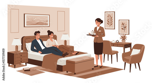 Cozy hotel room with guests relaxing and room service in a stylish interior setting