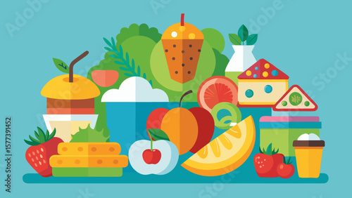 Vector art of a vibrant and colorful array of fruits, sandwiches, and desserts creates a delightful and healthy food scene