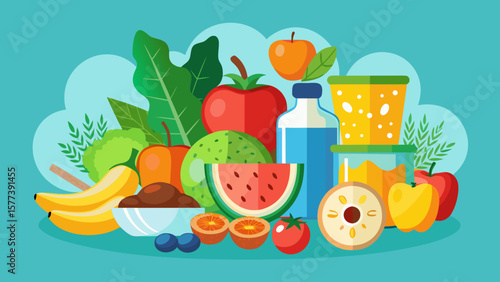 Vector art of a colorful and vibrant assortment of fresh fruits and vegetables creates a healthy and delicious display
