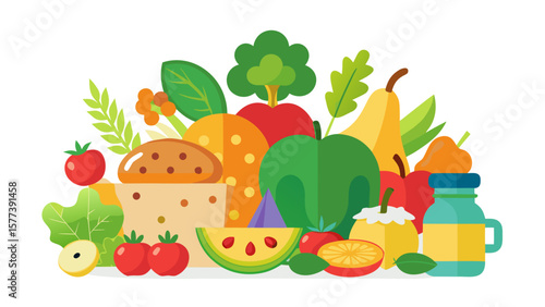 Vector art of a colorful and healthy assortment of fruits, vegetables, and bread creates a vibrant and nutritious food display