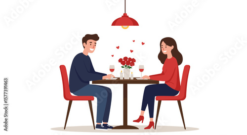 Romantic couple dining at a table with red roses and wine