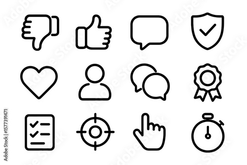 Minimal black icon set: communication, approval, and achievement symbols