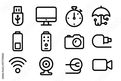 Minimalist technology and device icons on dark background