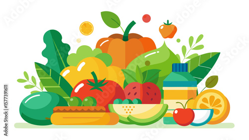 Vector art of a colorful assortment of fresh fruits and vegetables creates a vibrant and healthy still life isolated on white background