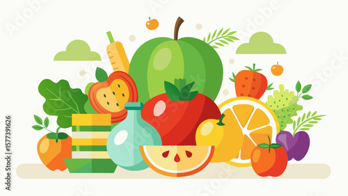Vector art of a colorful assortment of fresh fruits and vegetables creates a vibrant and healthy still life isolated on white background